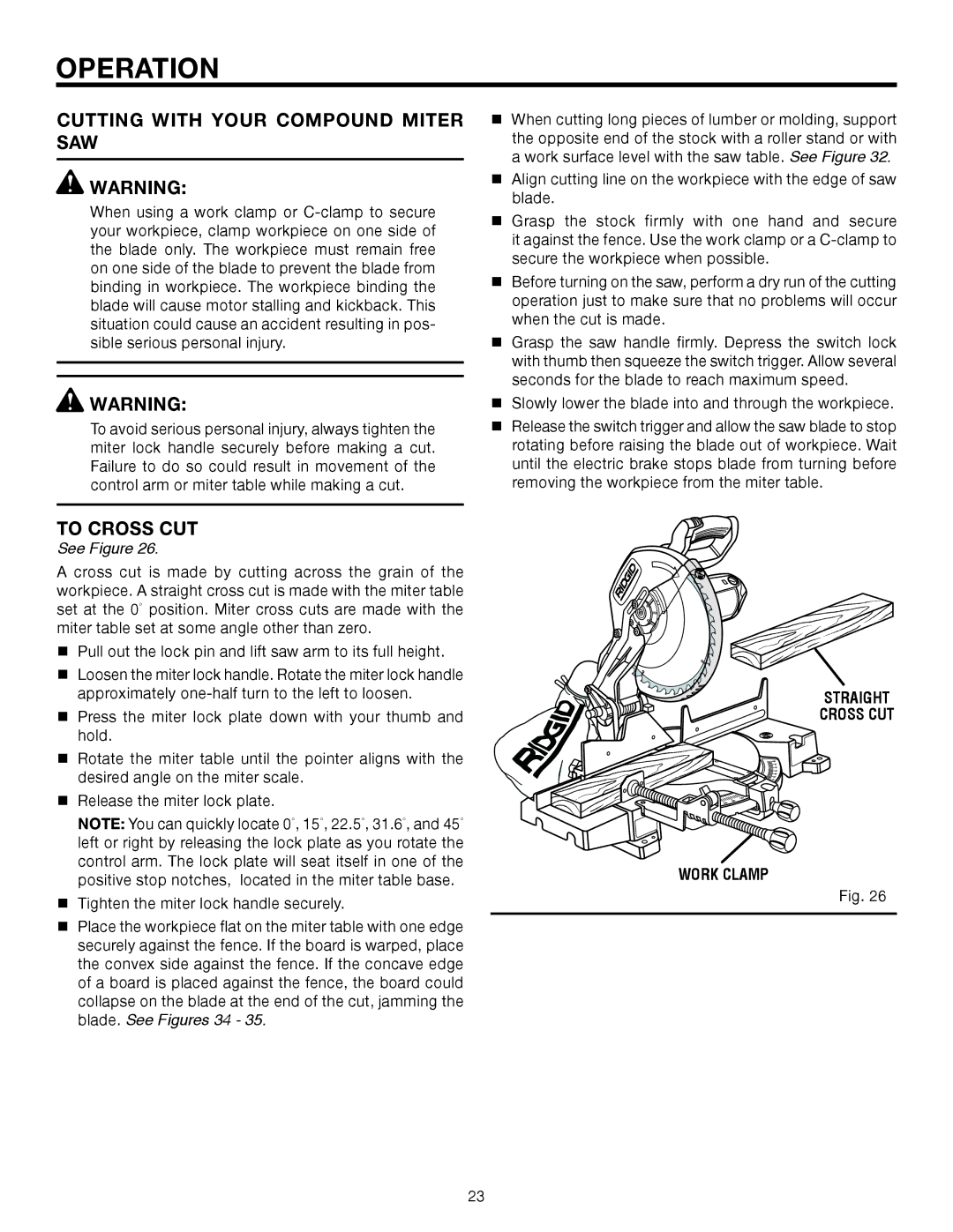 RIDGID MS1250LZA manual Cutting with Your Compound Miter SAW, To Cross cut, Straight, Cross cut Work clamp 