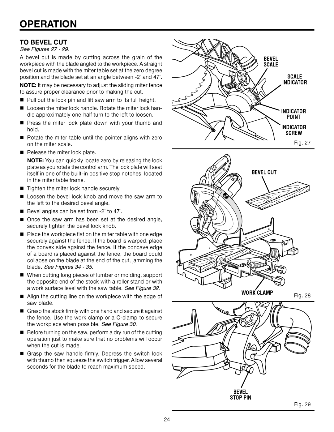 RIDGID MS1250LZA manual To Bevel Cut, See Figures 27, Bevel Scale, Indicator Point Screw, Work Clamp Bevel Stop PIN 