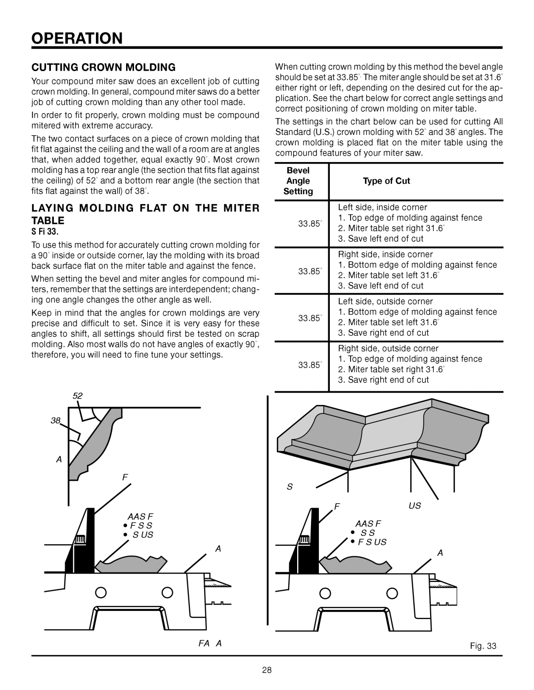 RIDGID MS1250LZA manual Cutting crown molding, Laying molding flat on the miter table 