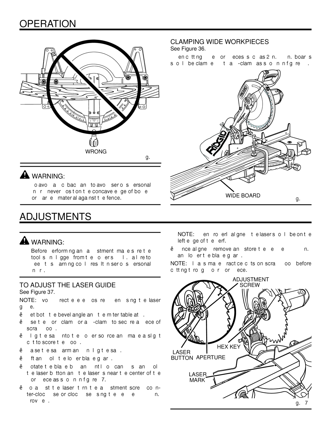 RIDGID MS1250LZA manual Adjustments, Clamping wide workpieces, To Adjust the Laser Guide 