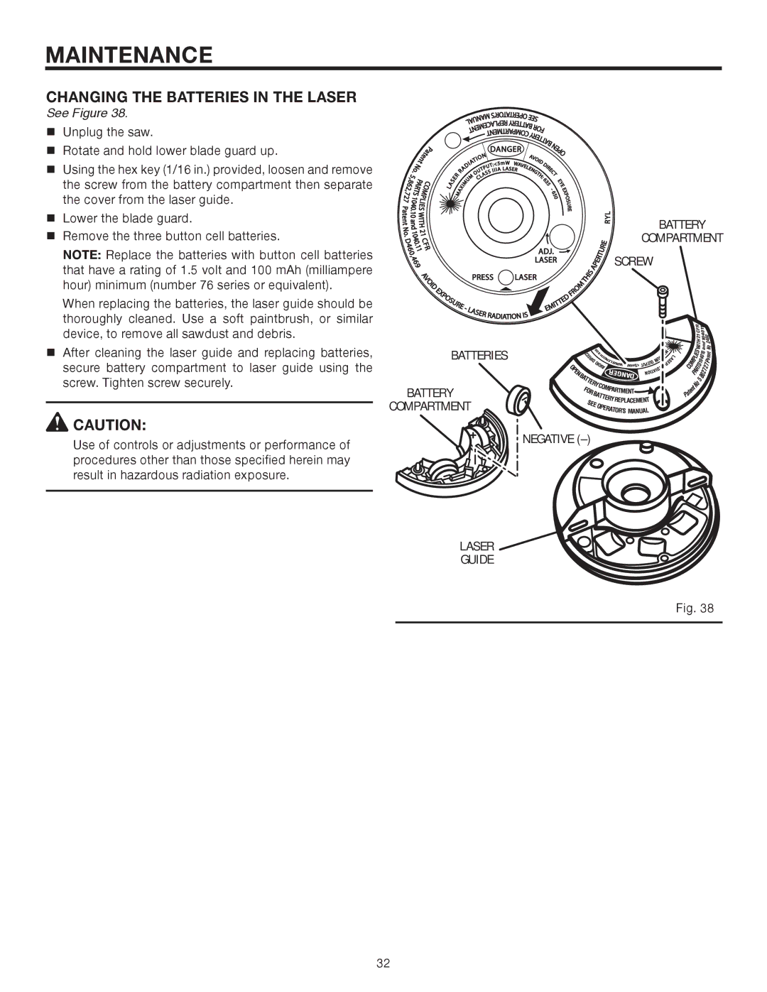 RIDGID MS1250LZA manual Changing the Batteries in the laser, Battery Compartment, Screw Laser Guide 