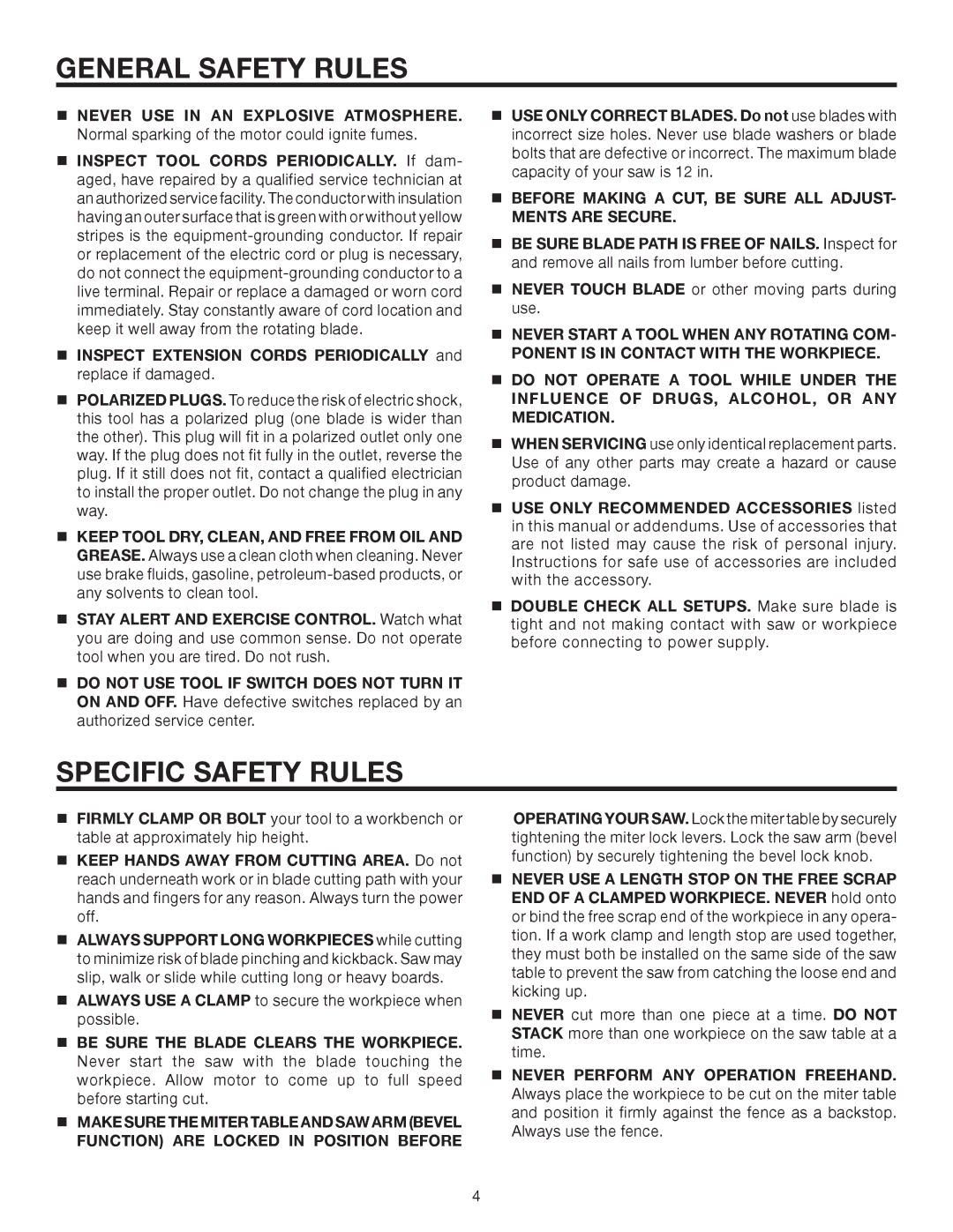 RIDGID MS1250LZA manual Specific Safety Rules,  Never Start a Tool When ANY ROTATiNG COM 