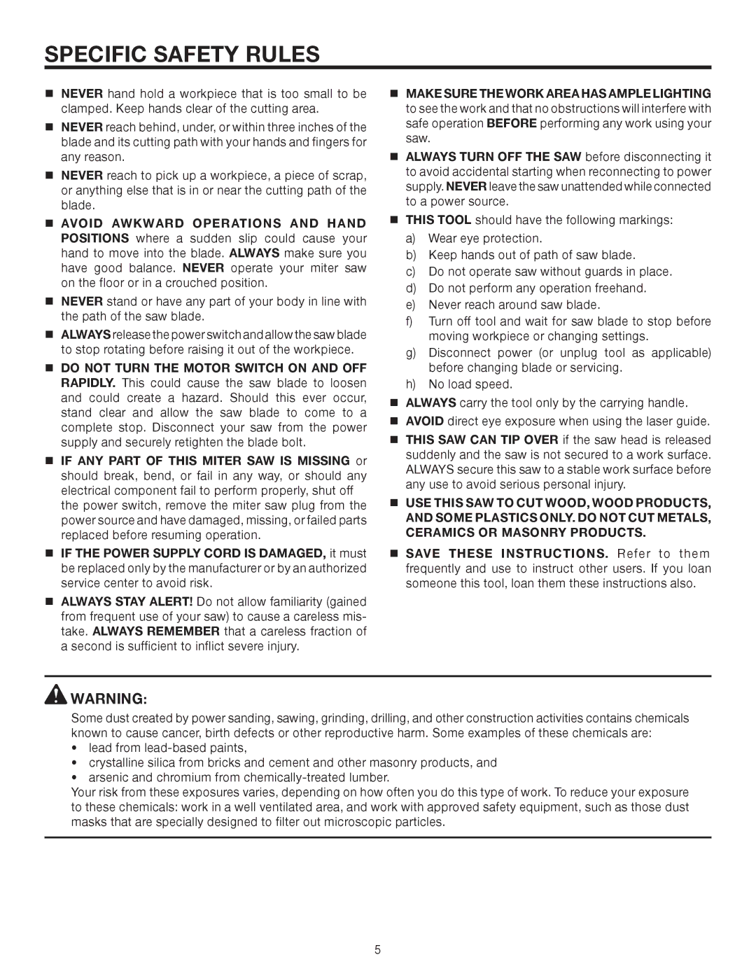 RIDGID MS1250LZA manual Specific Safety Rules 