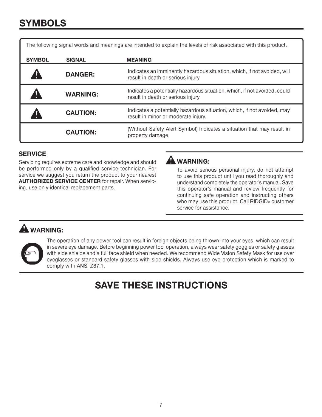 RIDGID MS1250LZA manual Service, Symbol Signal Meaning 