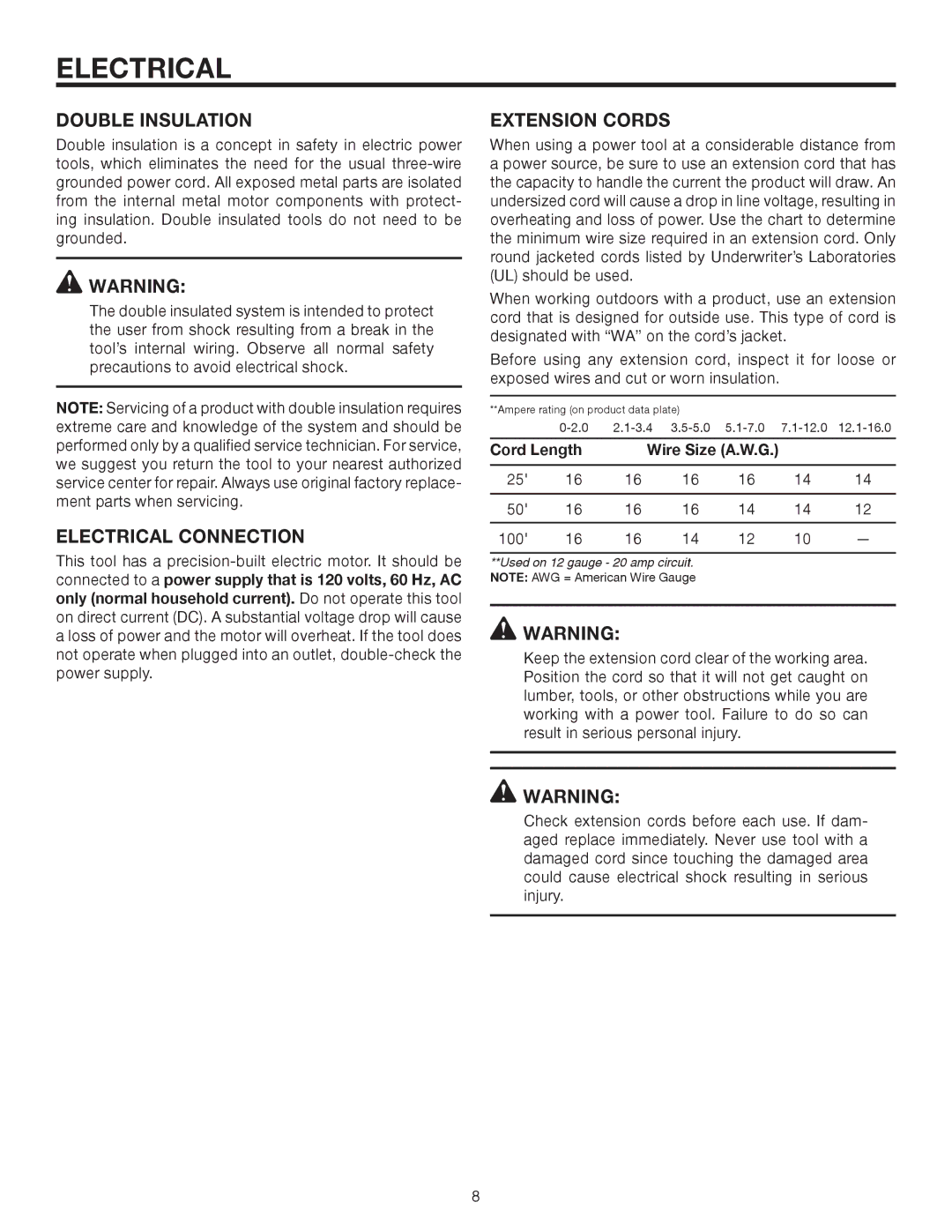 RIDGID MS1250LZA manual Double Insulation, Electrical Connection, Extension Cords, Cord Length Wire Size A.W.G 