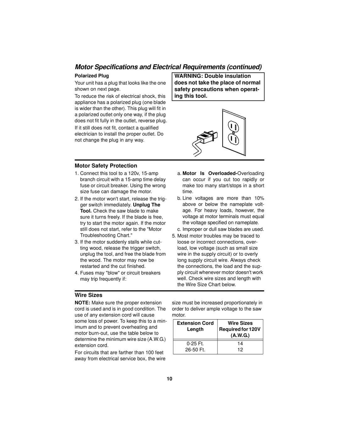 RIDGID MS1290LZ manual Motor Safety Protection, Polarized Plug, Extension Cord Wire Sizes Length 