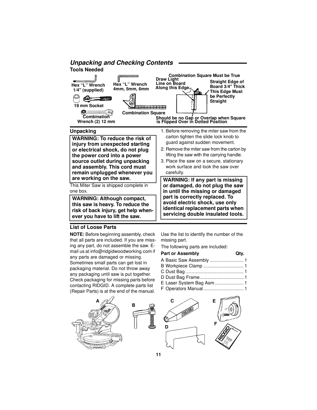 RIDGID MS1290LZ manual Unpacking and Checking Contents 