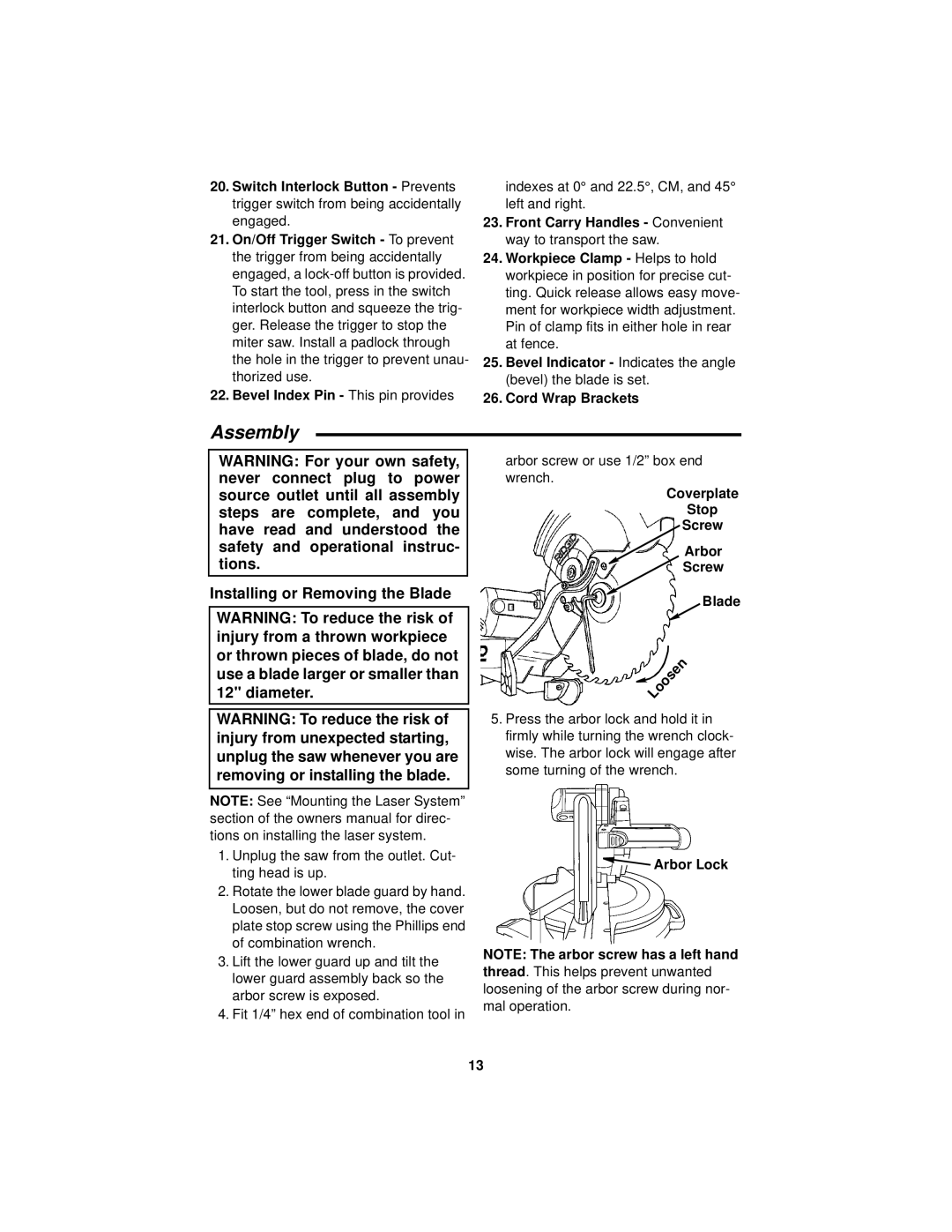 RIDGID MS1290LZ manual Assembly, Installing or Removing the Blade, Stop Screw Arbor, Fit 1/4 hex end of combination tool 