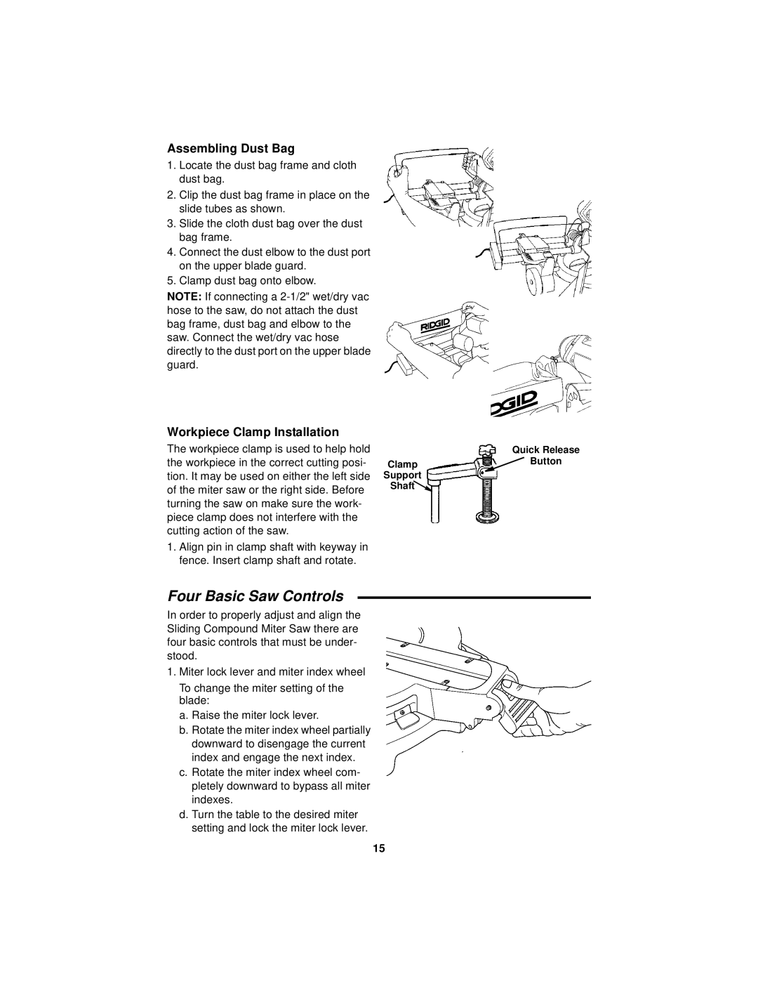 RIDGID MS1290LZ manual Four Basic Saw Controls, Assembling Dust Bag, Workpiece Clamp Installation 