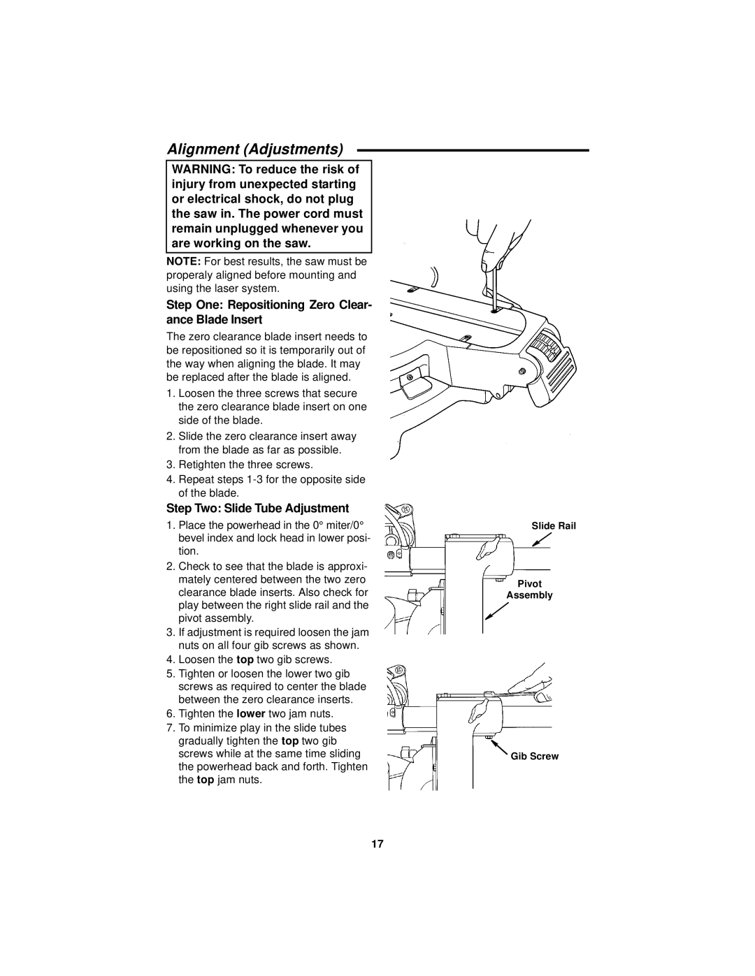 RIDGID MS1290LZ Alignment Adjustments, Step One Repositioning Zero Clear- ance Blade Insert, Loosen the top two gib screws 