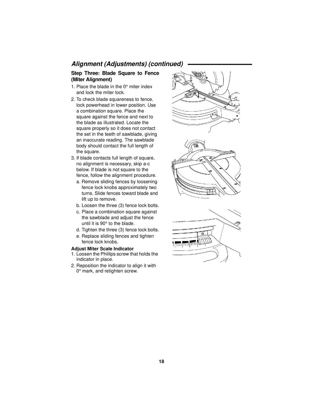 RIDGID MS1290LZ manual Step Three Blade Square to Fence Miter Alignment, Adjust Miter Scale Indicator 