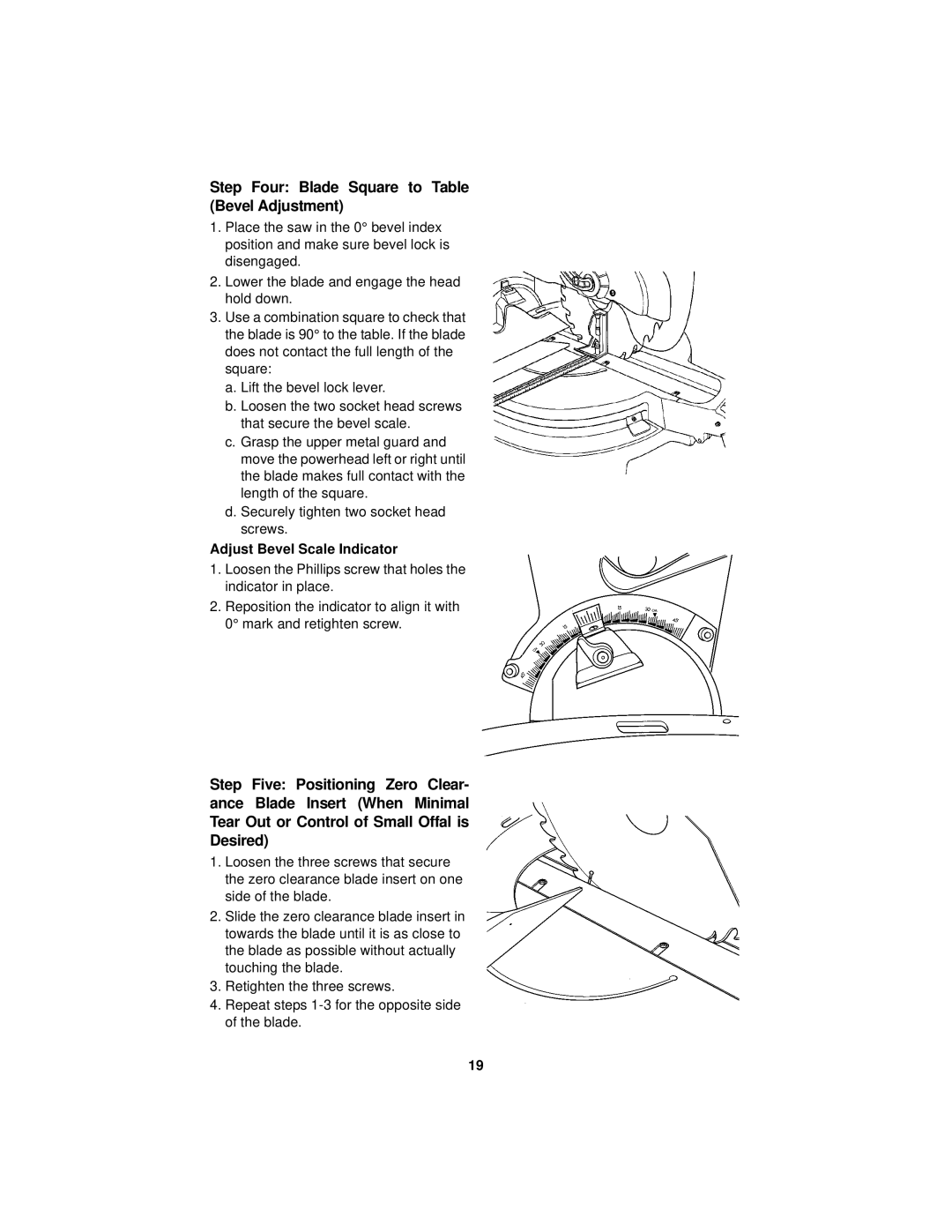 RIDGID MS1290LZ manual Step Four Blade Square to Table Bevel Adjustment, Adjust Bevel Scale Indicator 