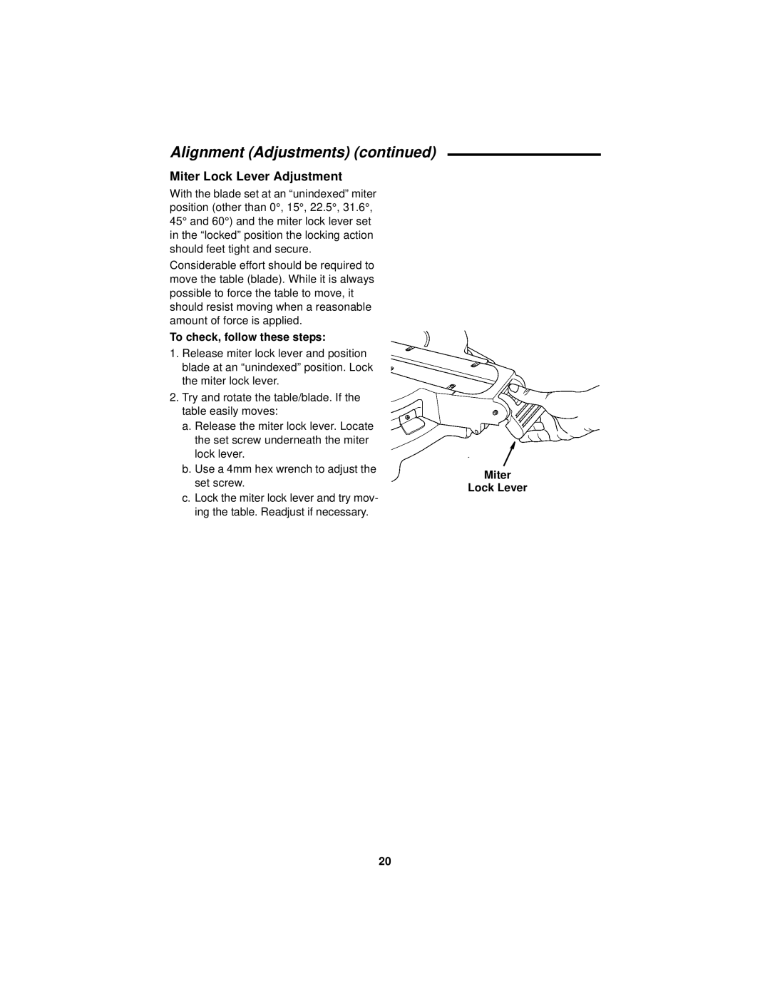 RIDGID MS1290LZ manual Miter Lock Lever Adjustment, To check, follow these steps 