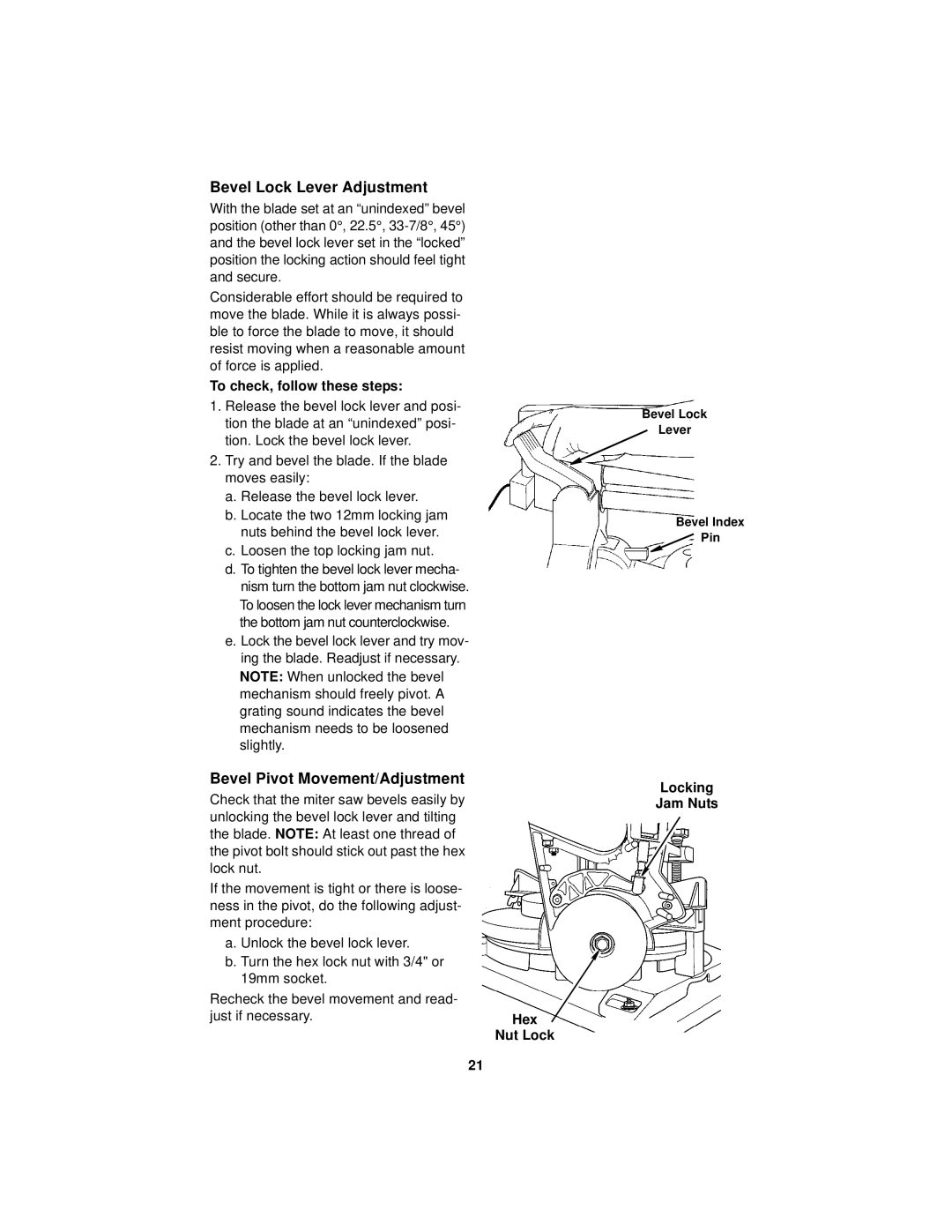 RIDGID MS1290LZ Bevel Lock Lever Adjustment, Bevel Pivot Movement/Adjustment, Loosen the top locking jam nut, Nut Lock 