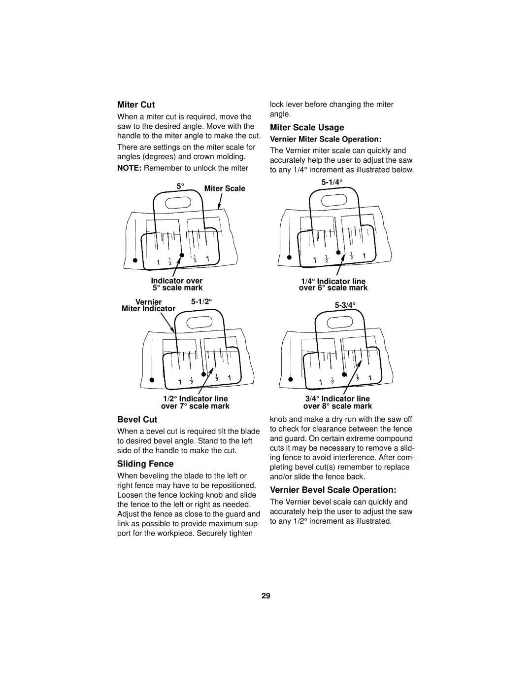 RIDGID MS1290LZ manual Miter Cut, Bevel Cut, Sliding Fence, Miter Scale Usage, Vernier Bevel Scale Operation 