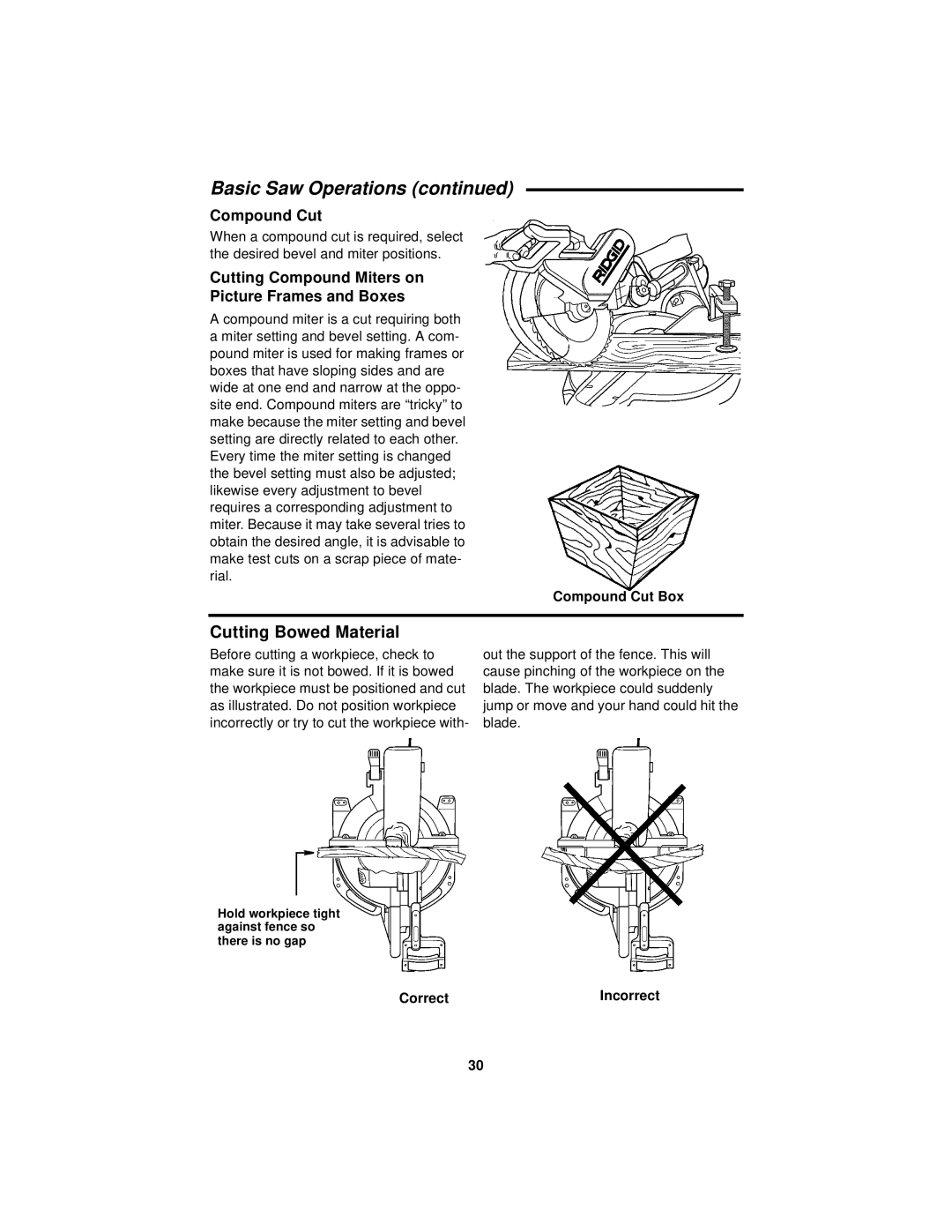 RIDGID MS1290LZ manual Cutting Bowed Material, Compound Cut, Cutting Compound Miters on Picture Frames and Boxes, Correct 