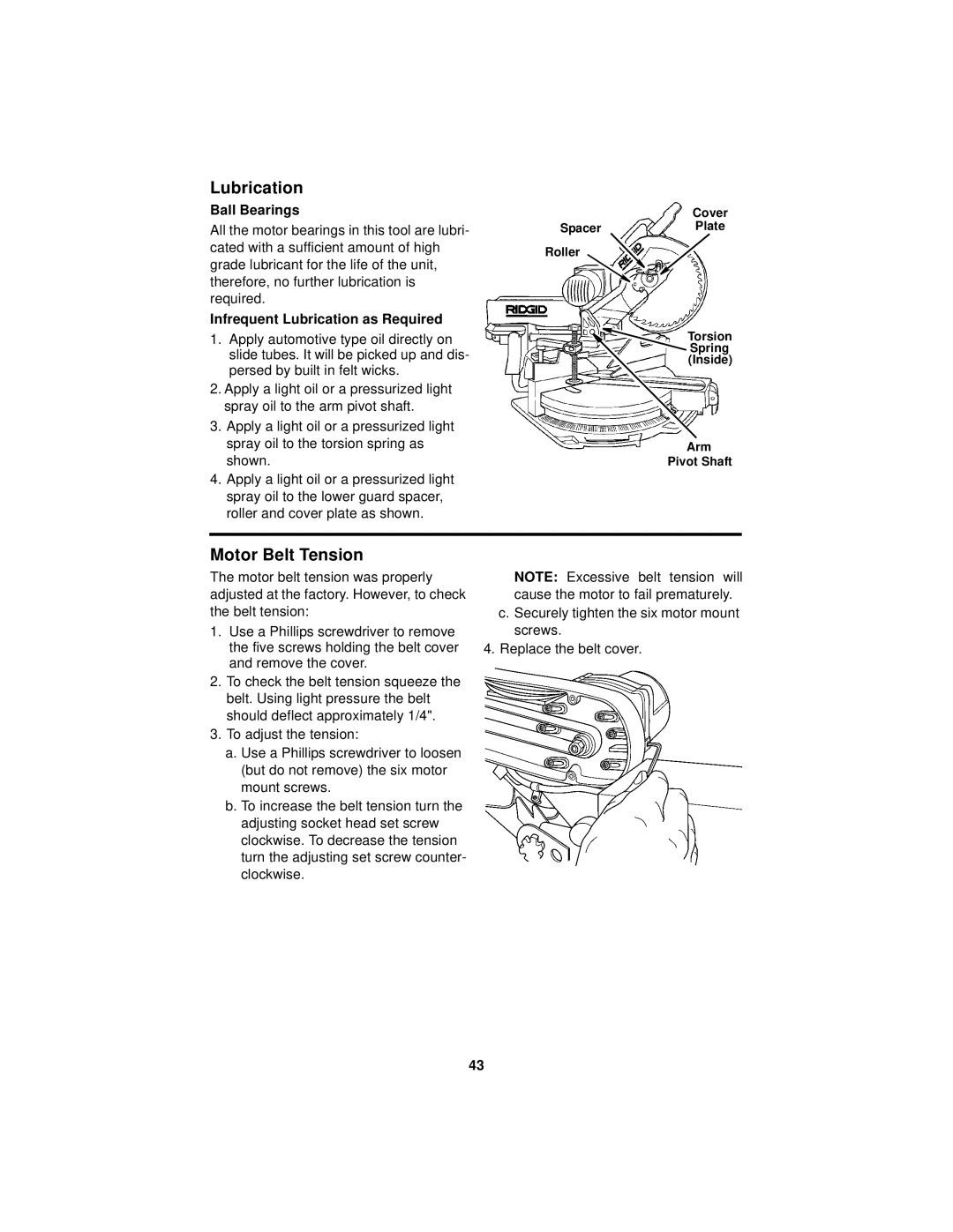 RIDGID MS1290LZ manual Motor Belt Tension, Ball Bearings, Infrequent Lubrication as Required 