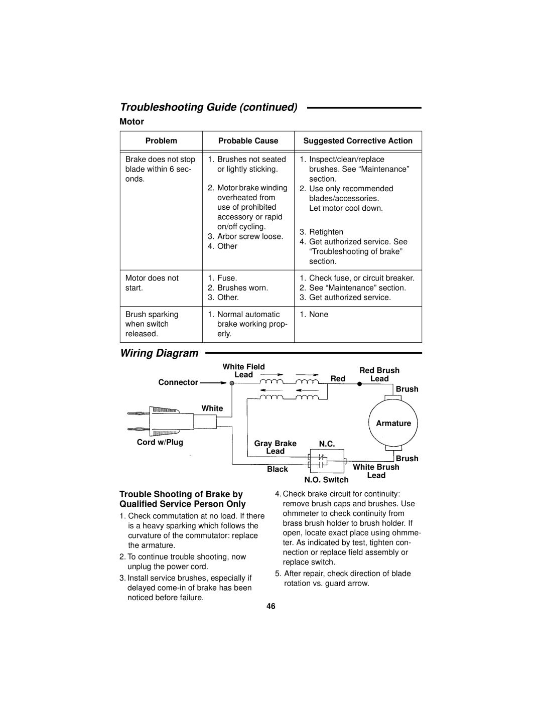 RIDGID MS1290LZ manual Wiring Diagram, Motor, Trouble Shooting of Brake by Qualified Service Person Only 