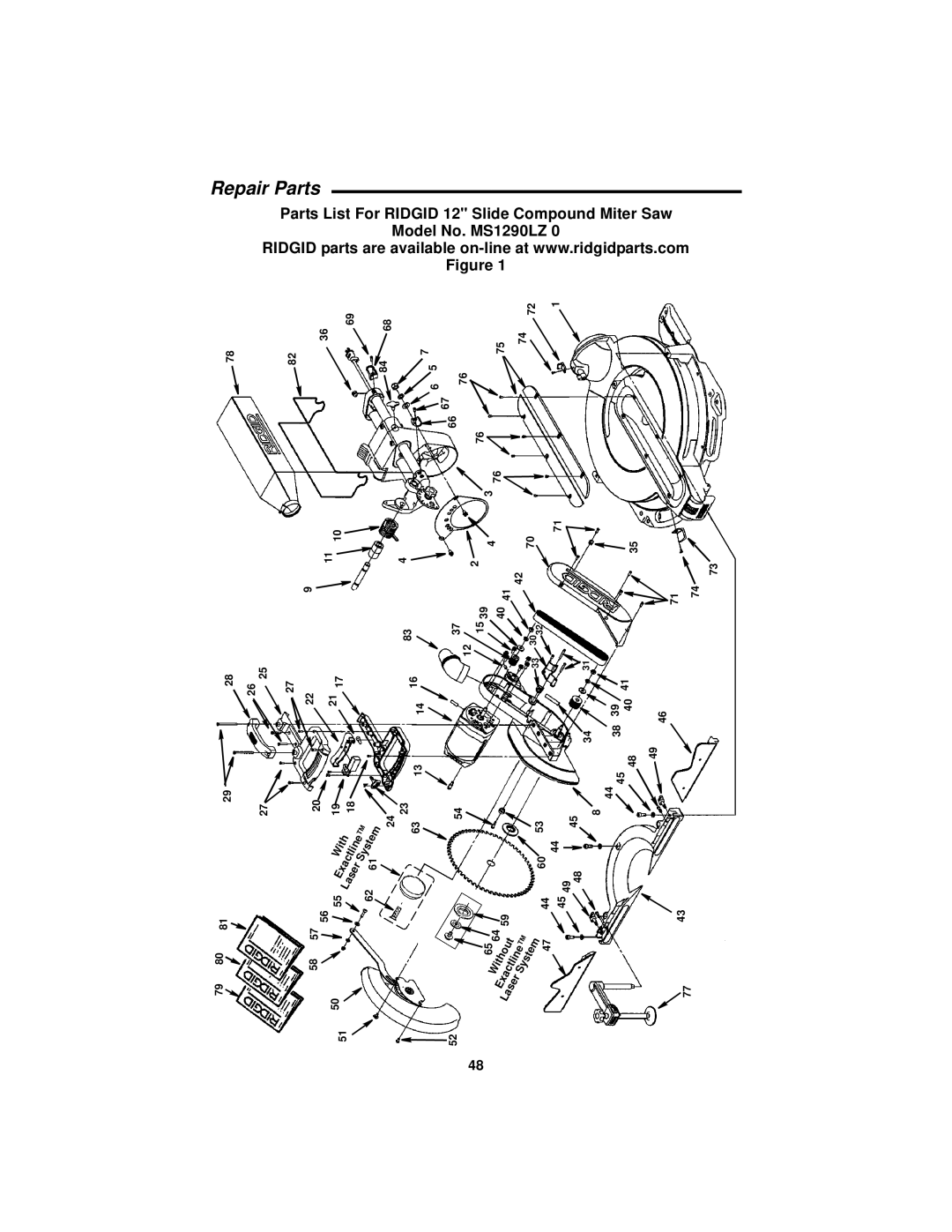 RIDGID MS1290LZ manual Repair Parts 