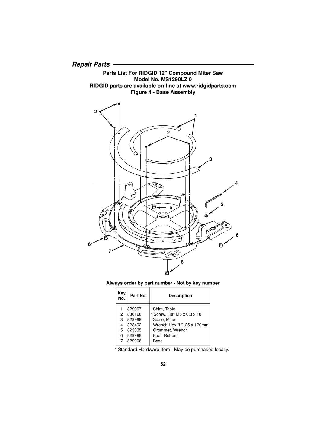 RIDGID MS1290LZ manual Base Assembly 