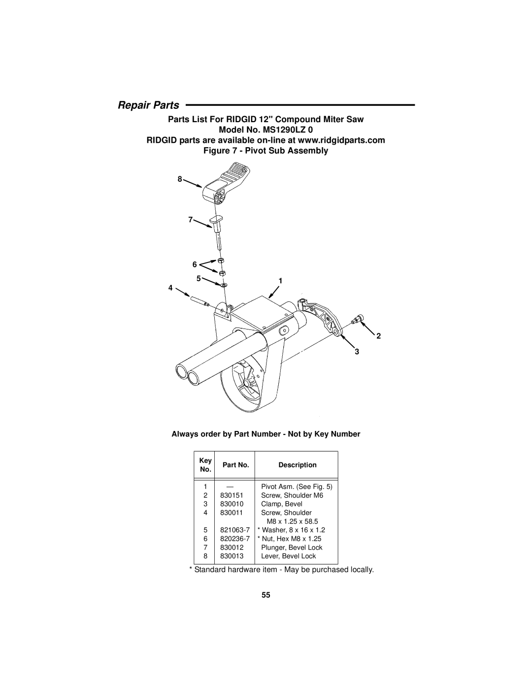 RIDGID MS1290LZ manual Pivot Sub Assembly 