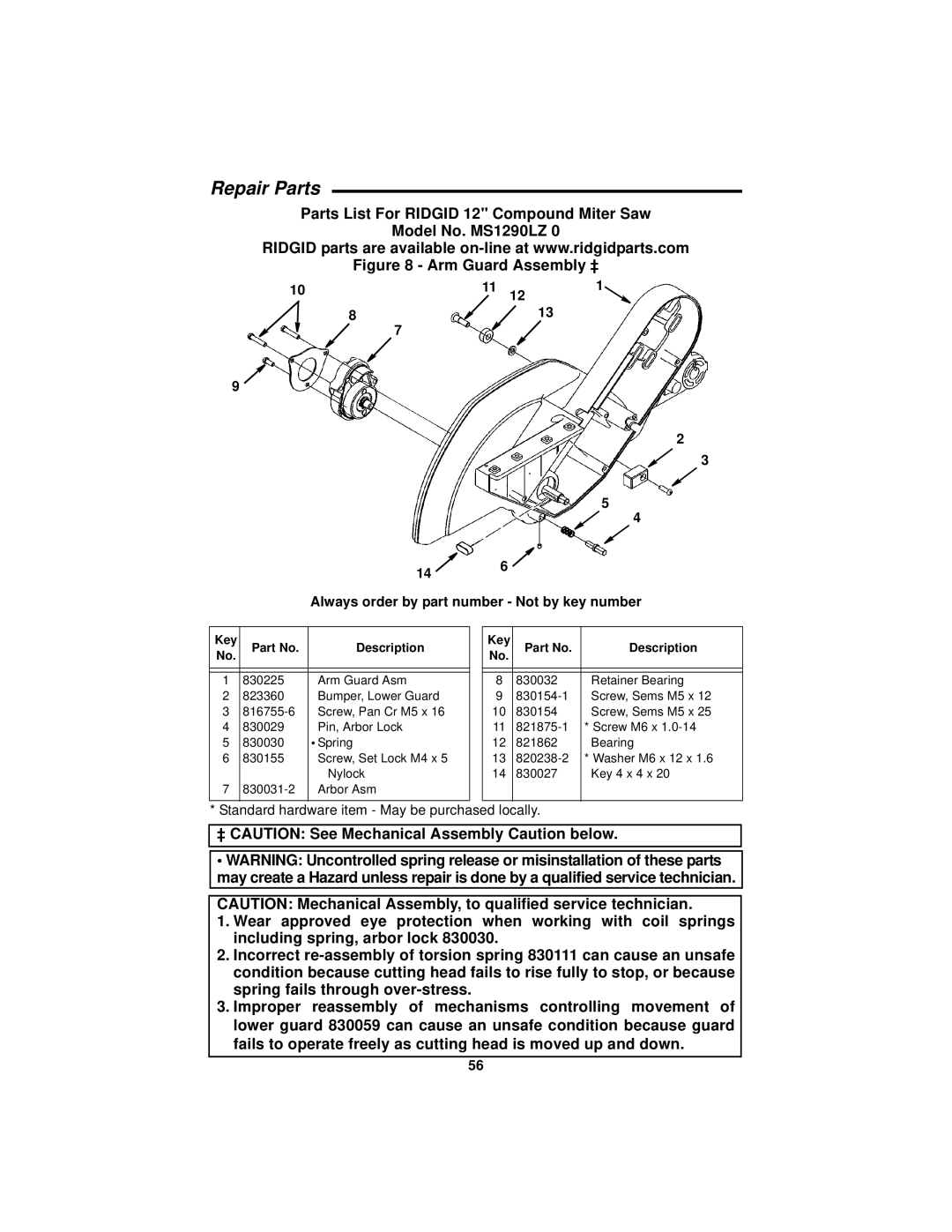 RIDGID MS1290LZ manual Arm Guard Assembly ‡ 