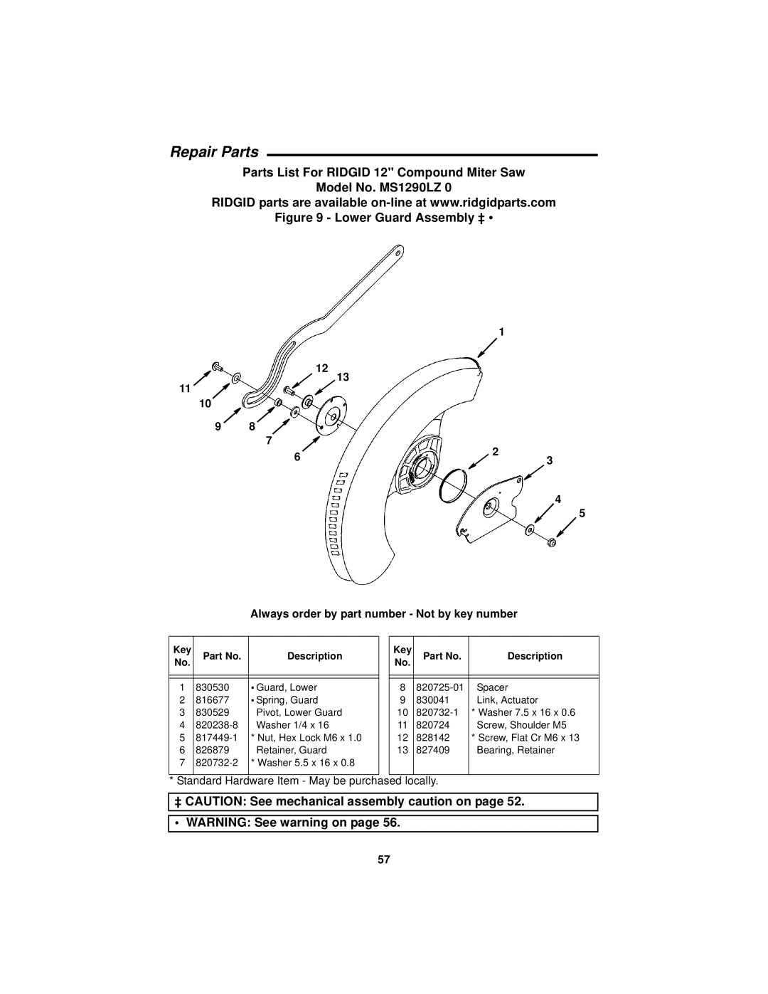 RIDGID MS1290LZ manual Lower Guard Assembly ‡ 