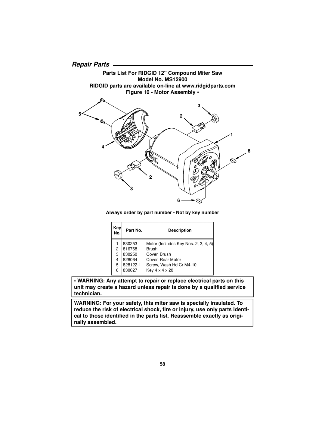 RIDGID MS1290LZ manual Motor Assembly 