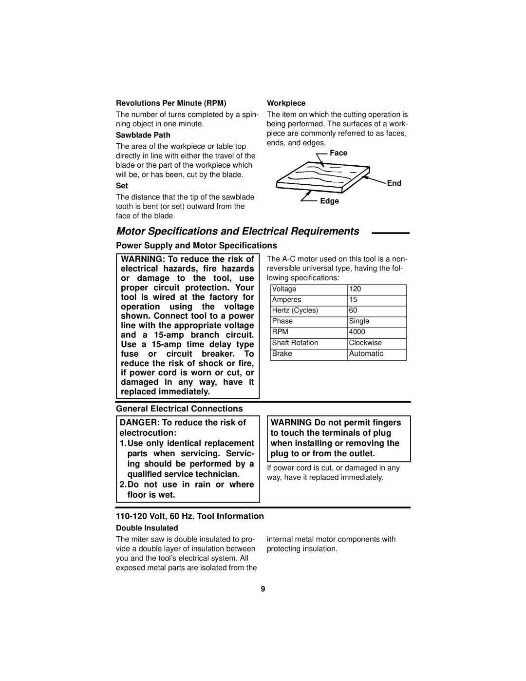 RIDGID MS1290LZ manual Motor Specifications and Electrical Requirements 