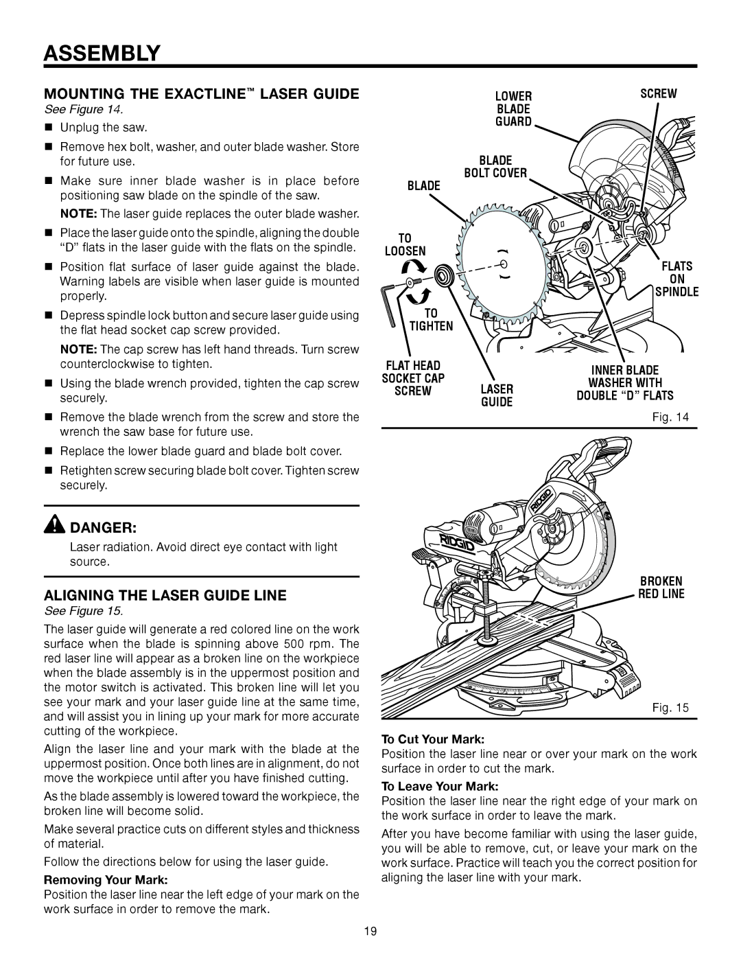 RIDGID MS1290LZ1 manual Mounting the Exactline Laser Guide, Aligning the Laser Guide Line, Broken RED Line 