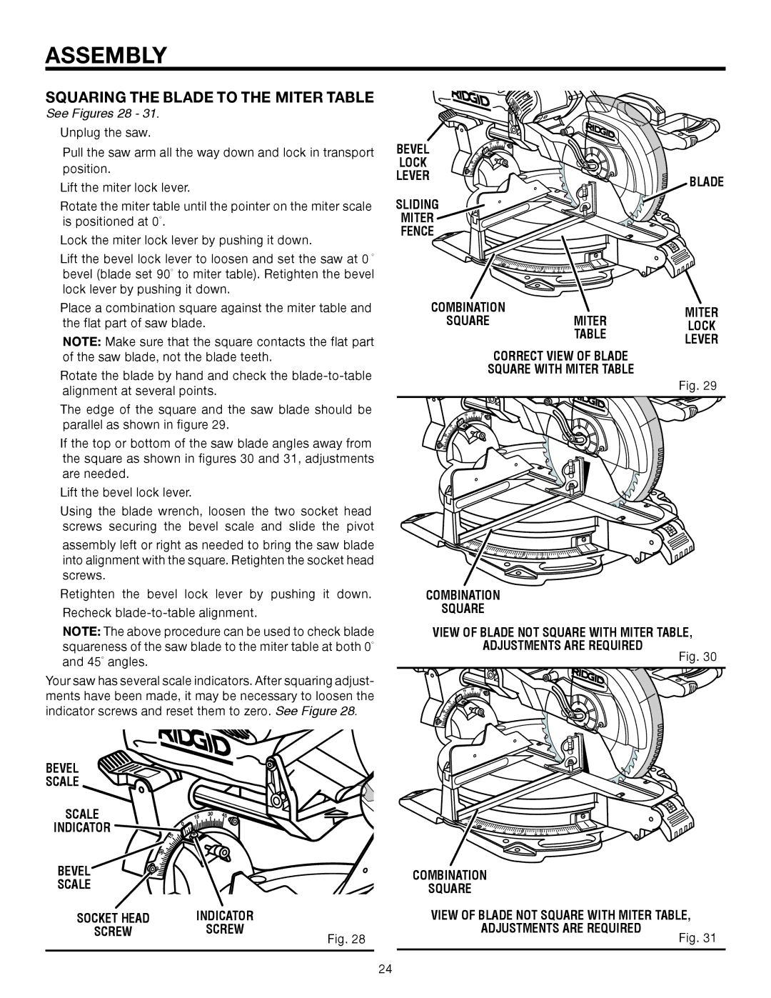 RIDGID MS1290LZ1 manual Squaring the Blade to the Miter Table, See Figures 28, Sliding Miter Fence, Bevel Scale, Indicator 