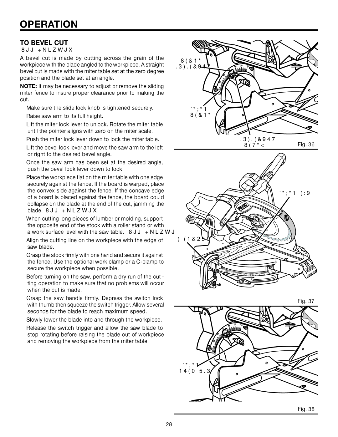 RIDGID MS1290LZ1 manual To Bevel CUT, See Figures 36, Scale Indicator Bevel, Bevel CUT Clamp Lock PIN 