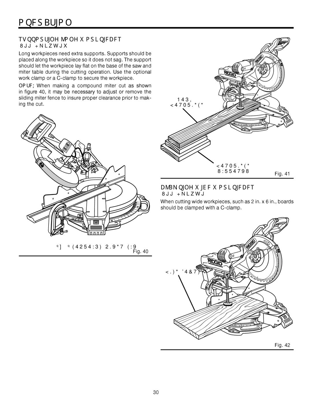 RIDGID MS1290LZ1 manual Supporting Long Workpieces, Clamping Wide Workpieces, See Figures 40, Wide Board 