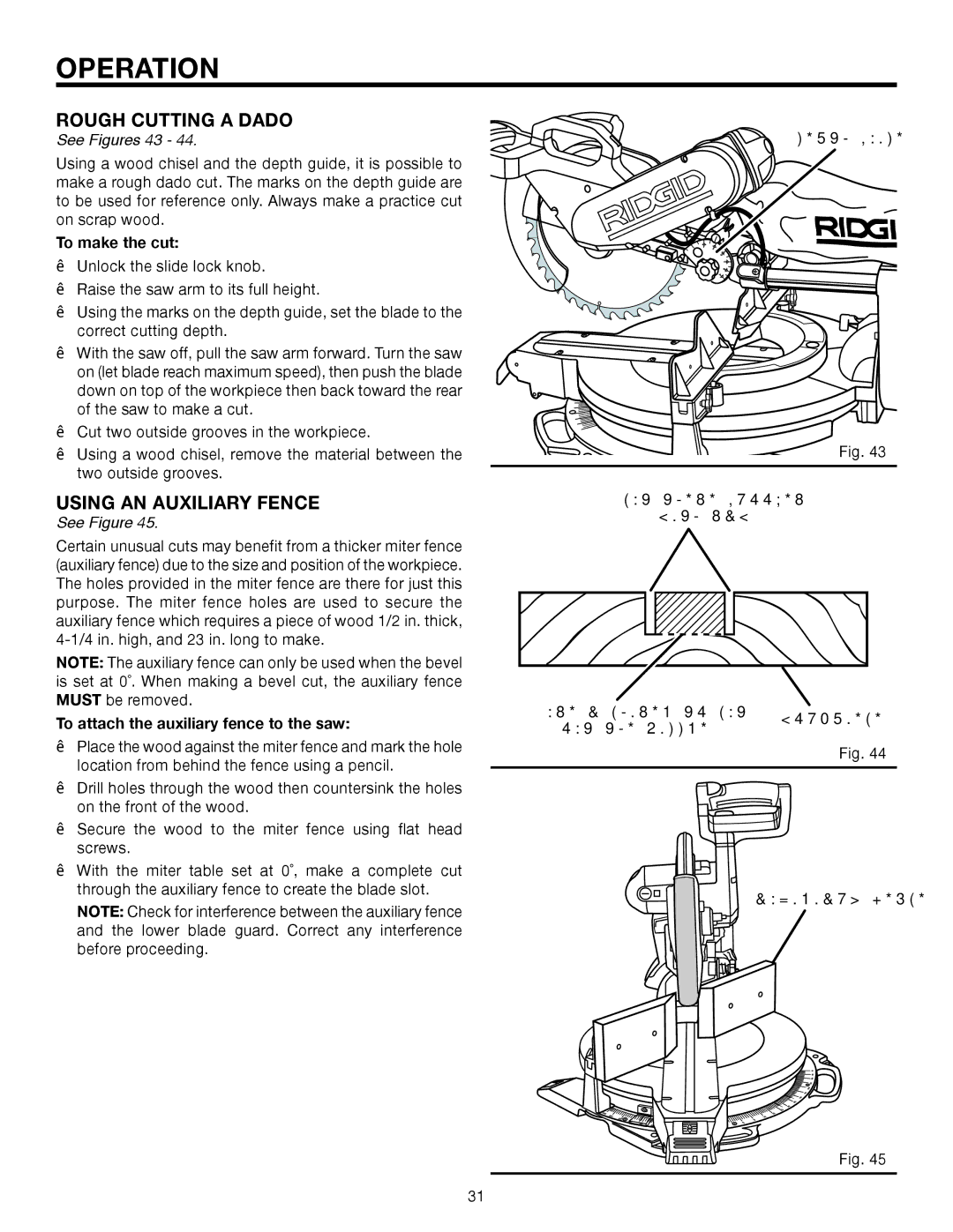 RIDGID MS1290LZ1 Rough Cutting a Dado, Using AN Auxiliary Fence, See Figures 43, Depth Guide CUT These Grooves With SAW 