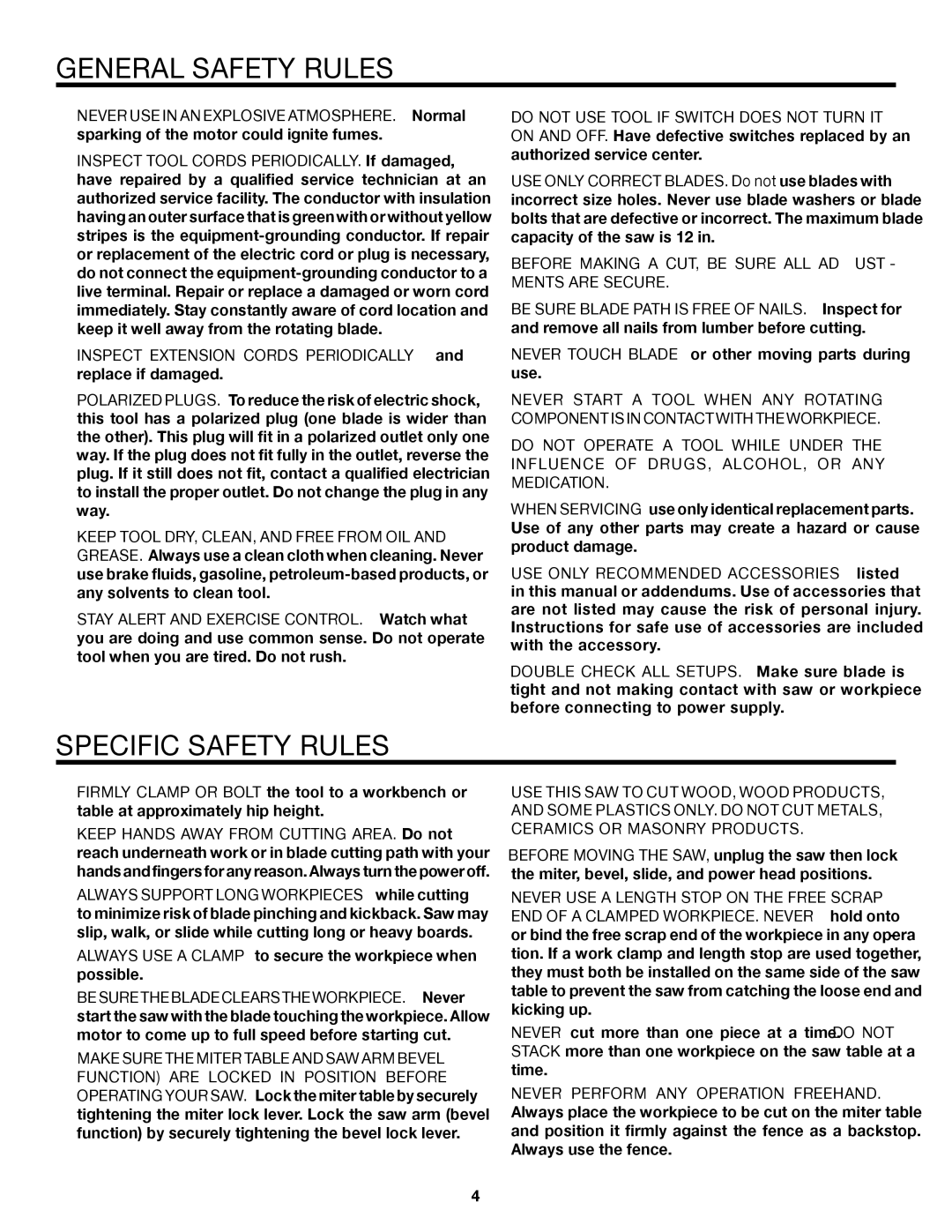 RIDGID MS1290LZ1 manual Specific Safety Rules,  Before Making a CUT, be Sure ALL ADJUST- Ments are Secure 