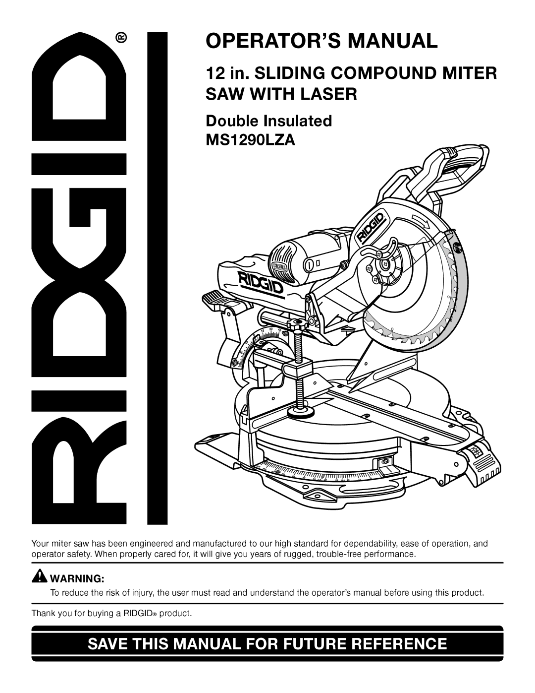 RIDGID MS1290LZA manual OPERATOR’S Manual 