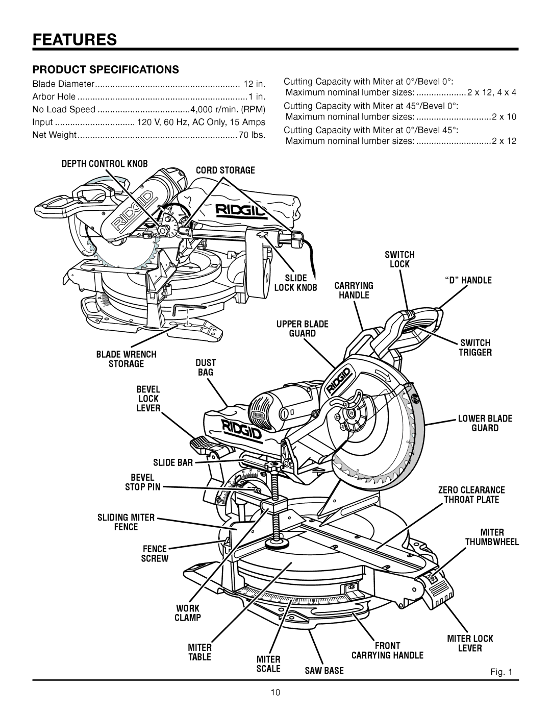 RIDGID MS1290LZA manual Features, Product Specifications 