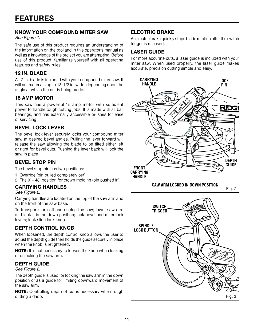 RIDGID MS1290LZA Know Your Compound Miter SAW, 12 IN. Blade, AMP Motor, Bevel Lock Lever, Bevel Stop PIN, Electric Brake 