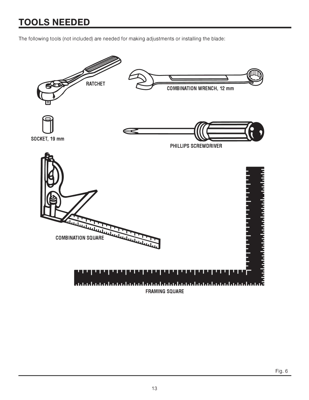 RIDGID MS1290LZA manual Tools Needed, Ratchet, Combination Square, Phillips Screwdriver Framing Square 