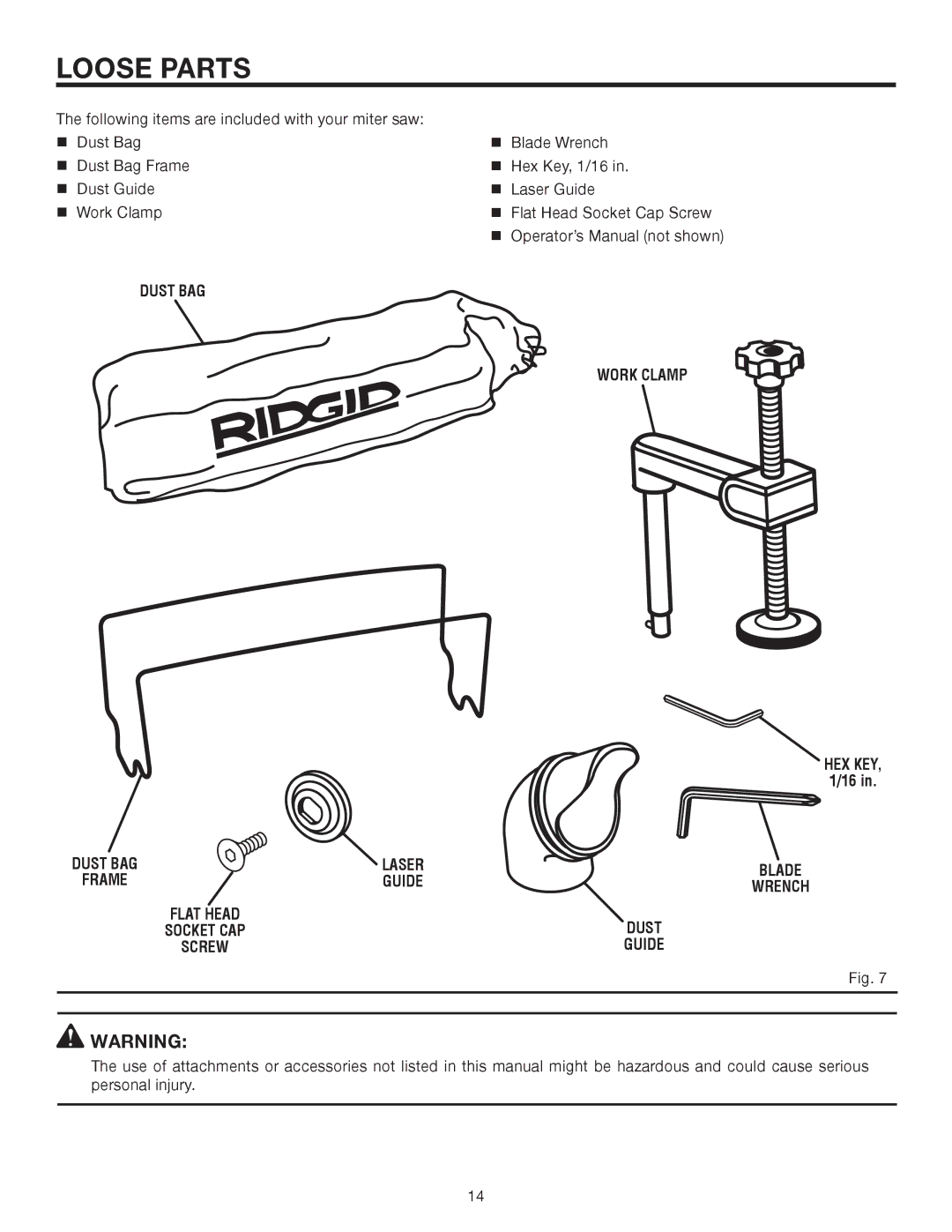 RIDGID MS1290LZA manual Loose Parts, Dust BAG, Flat Head Socket CAP Screw, Work Clamp HEX KEY Blade Wrench Dust Guide 