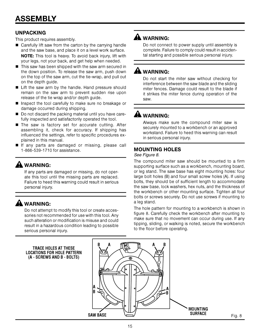 RIDGID MS1290LZA manual Assembly, Unpacking, Mounting Holes 