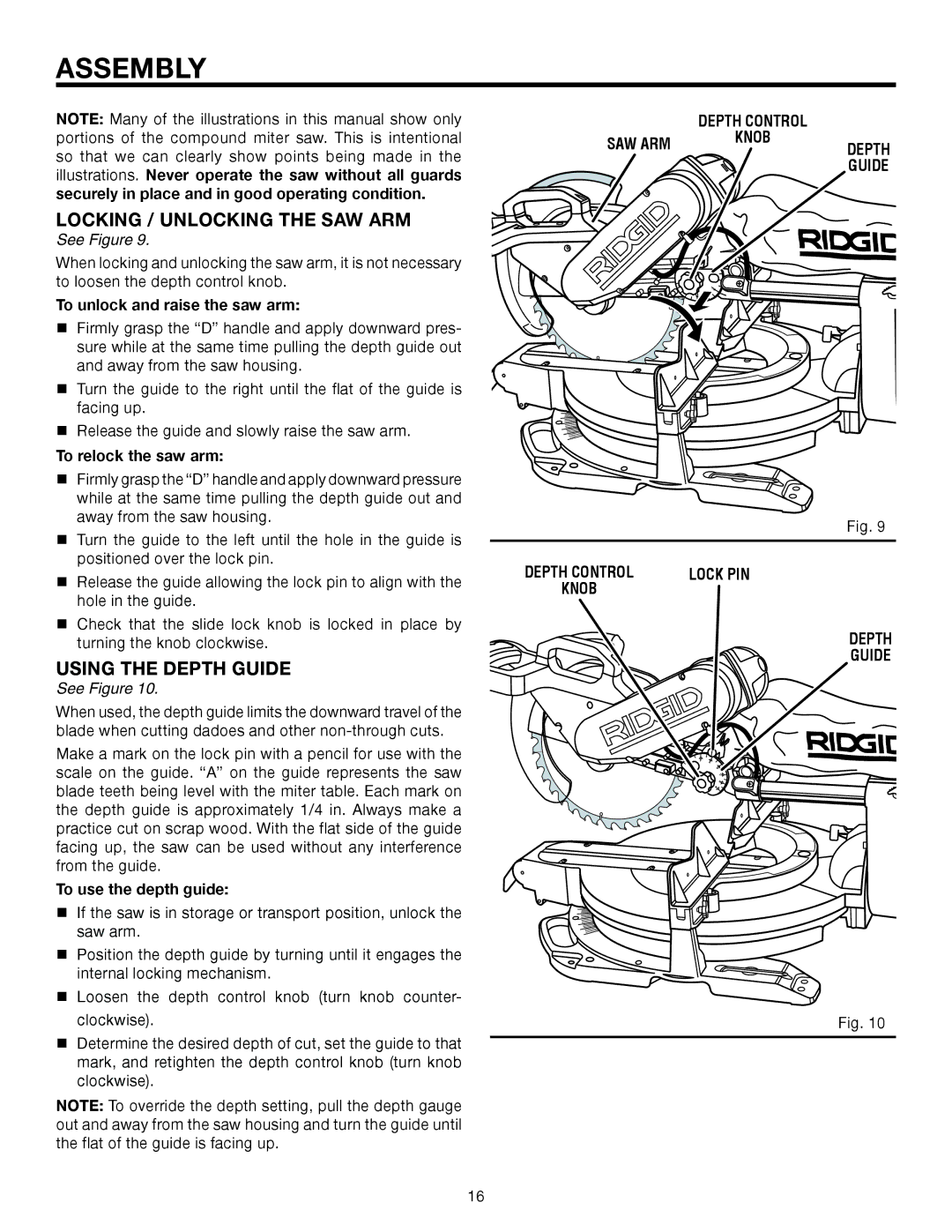 RIDGID MS1290LZA manual Locking / Unlocking the SAW ARM, Using the Depth Guide, Saw Arm 