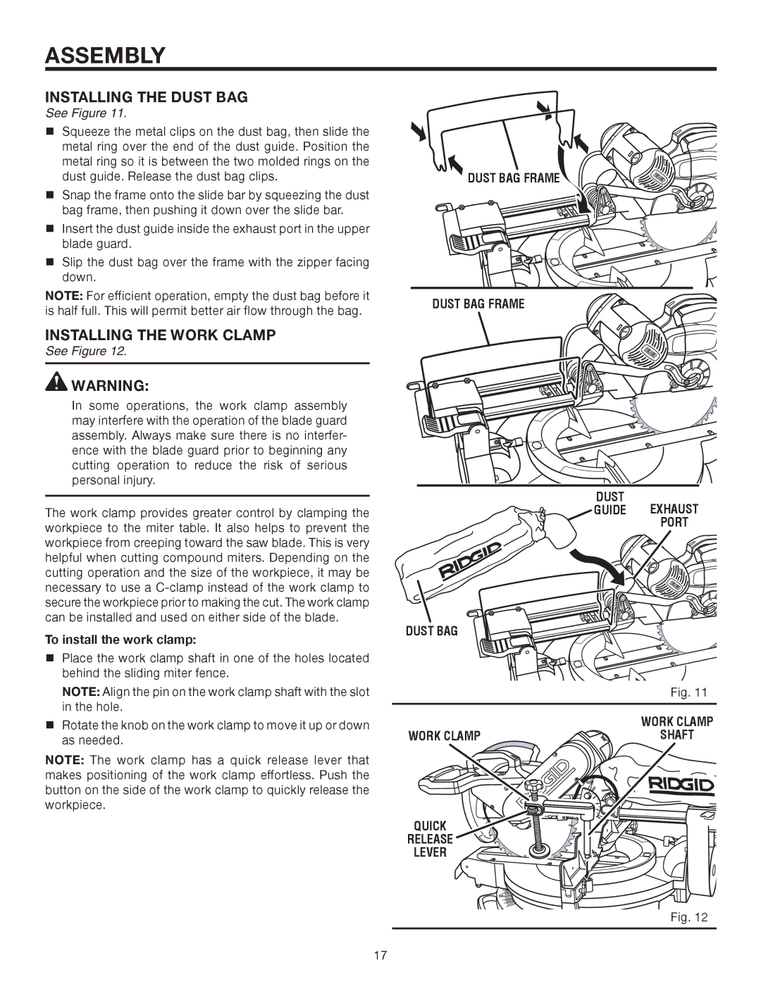 RIDGID MS1290LZA manual Installing the Dust BAG, Installing the Work Clamp, Dust BAG Frame Guide Exhaust Port 