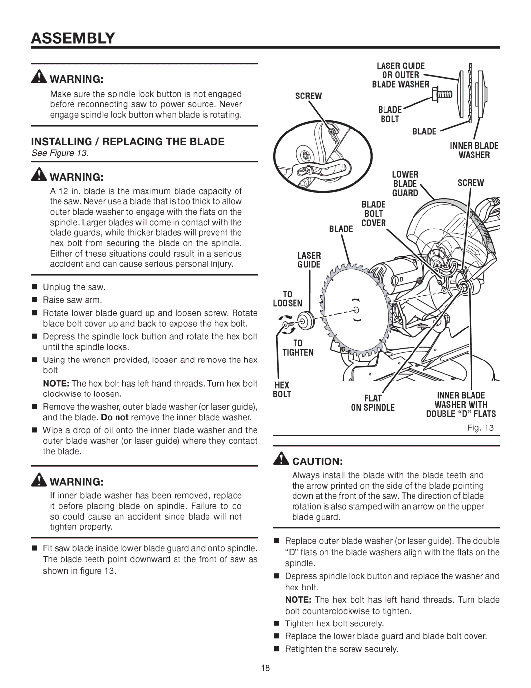 RIDGID MS1290LZA manual Installing / Replacing the Blade 