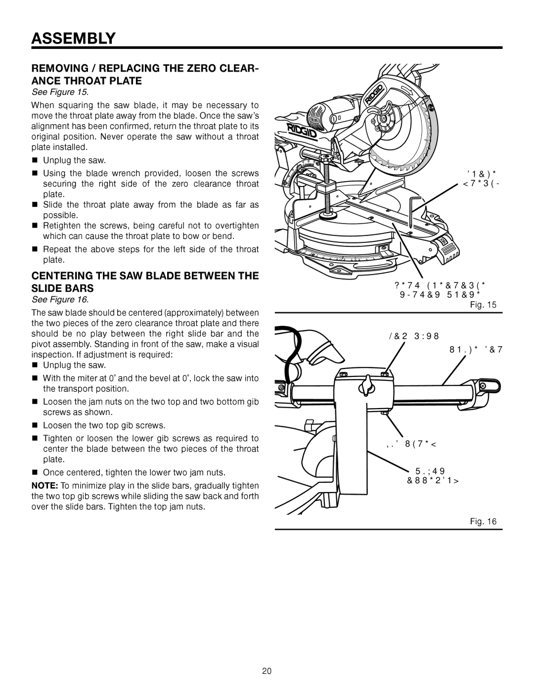 RIDGID MS1290LZA Removing / Replacing the Zero CLEAR- Ance Throat Plate, Centering the SAW Blade Between the Slide Bars 