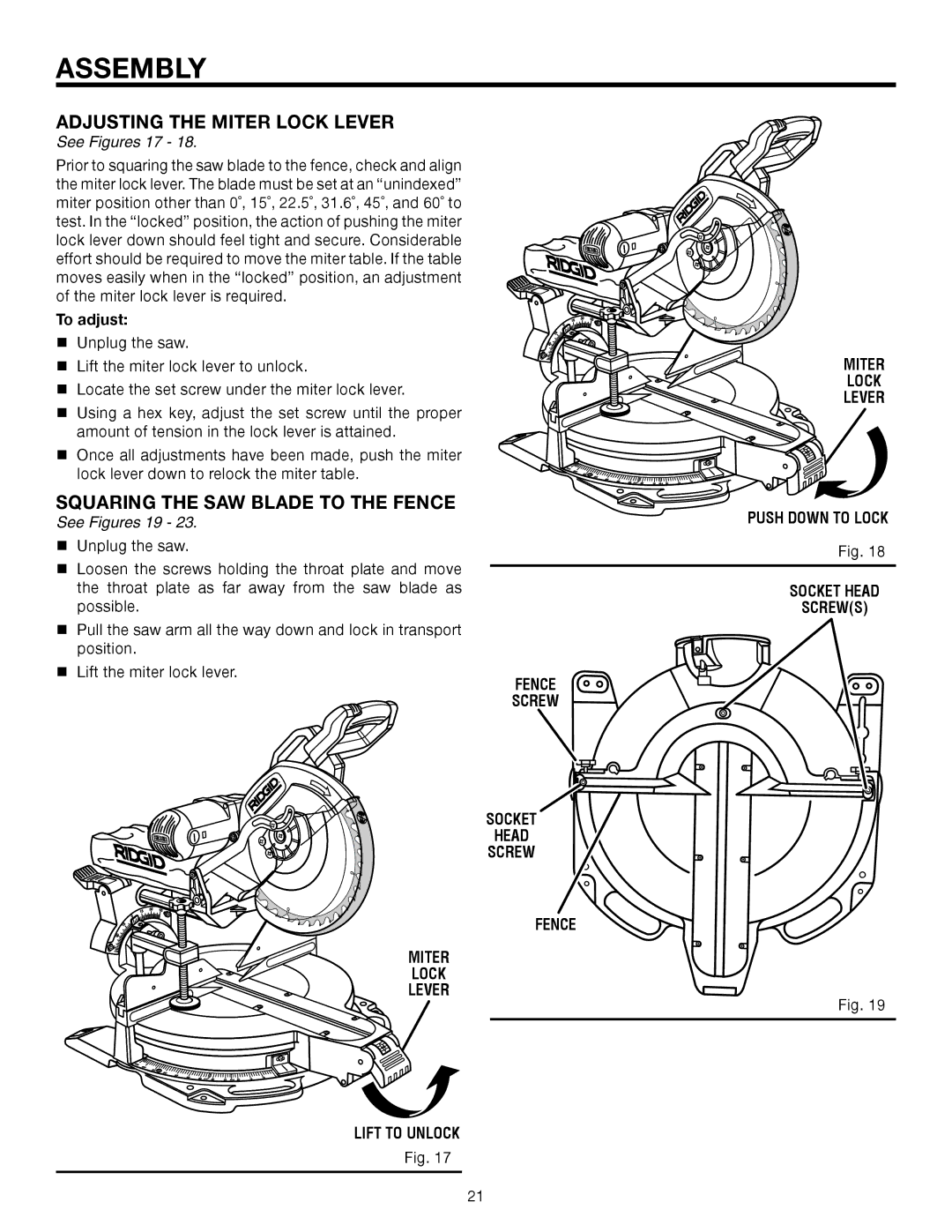 RIDGID MS1290LZA manual Adjusting the Miter Lock Lever, Squaring the SAW Blade to the Fence, See Figures 17, To adjust 