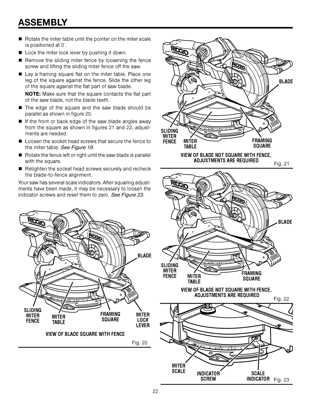 RIDGID MS1290LZA manual View of Blade Square with Fence Miter Scale, Indicator Fig 