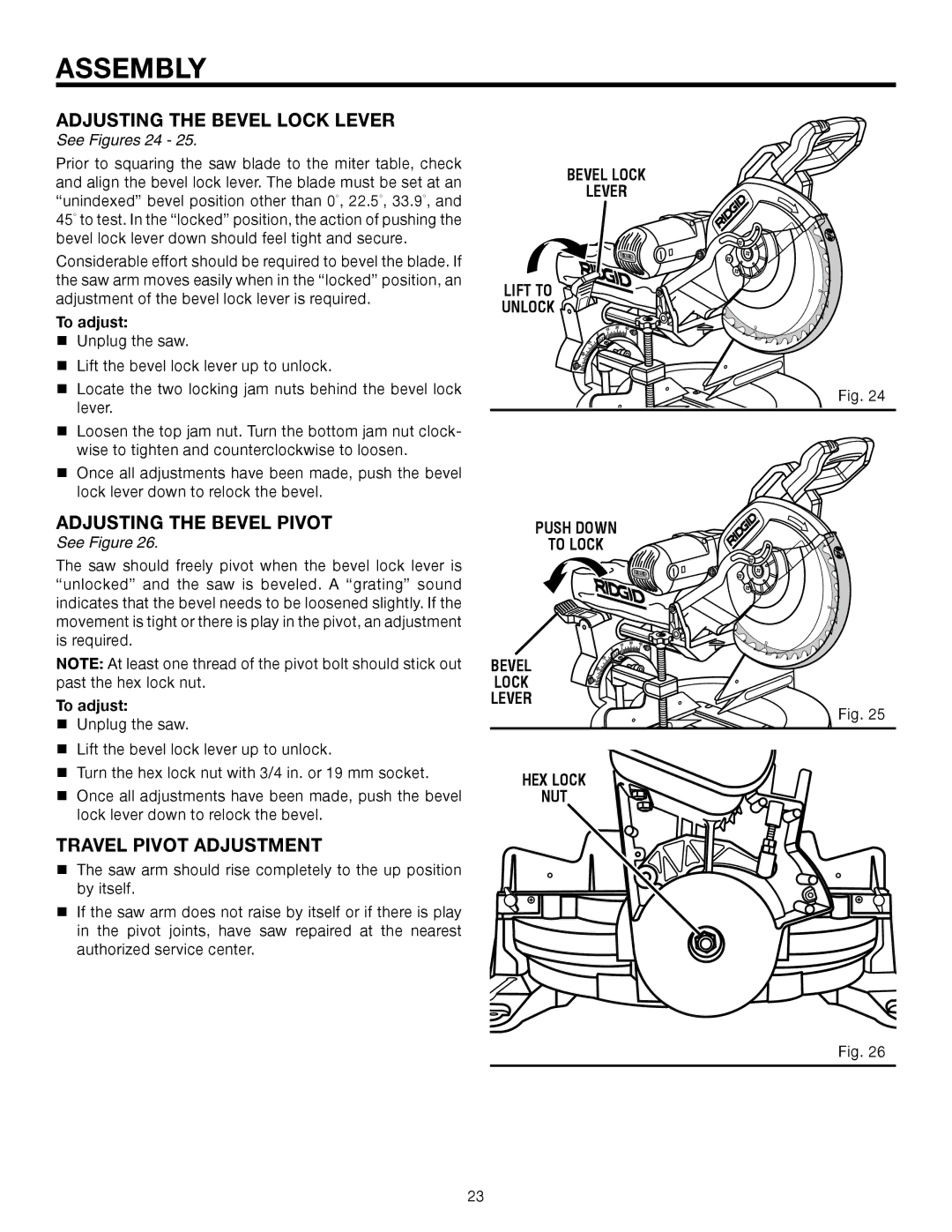 RIDGID MS1290LZA manual Adjusting the Bevel Lock Lever, Adjusting the Bevel Pivot, Travel Pivot Adjustment 