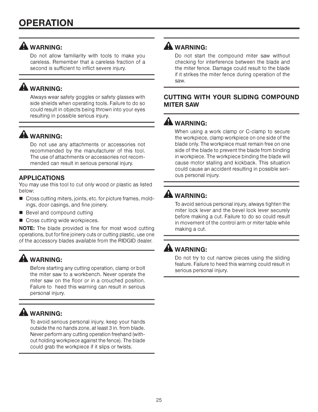 RIDGID MS1290LZA manual Operation, Applications, Cutting with Your Sliding Compound Miter SAW 