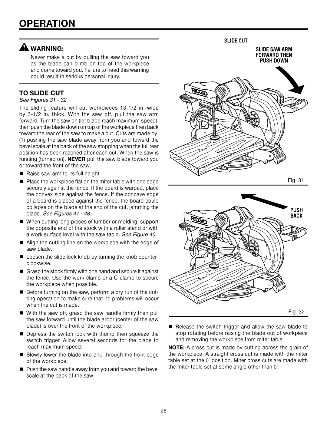 RIDGID MS1290LZA manual To Slide CUT, See Figures 31, Slide CUT Slide SAW ARM Forward then Push Down Back 